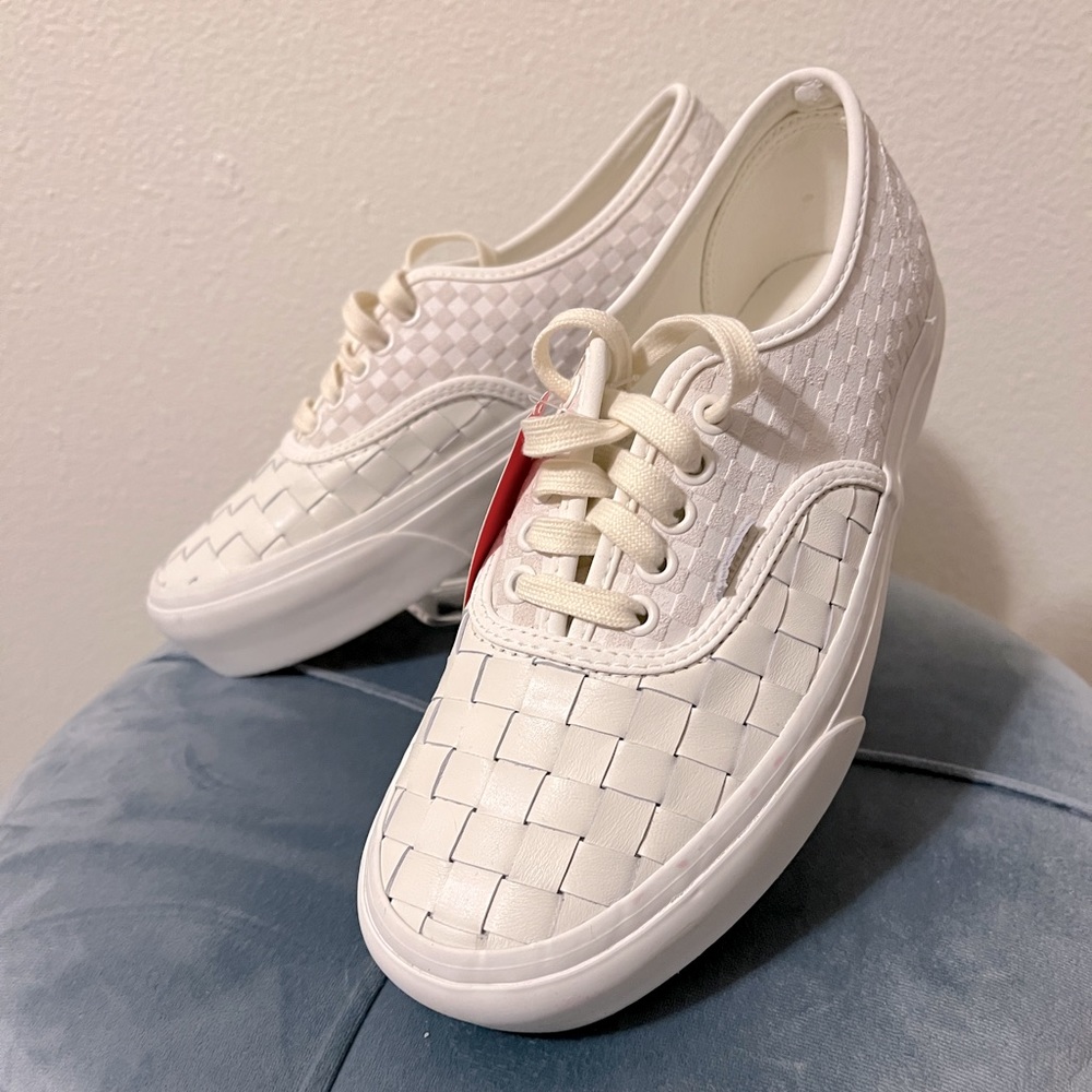 Leather weave vans, white. Worn once. Like new condition
